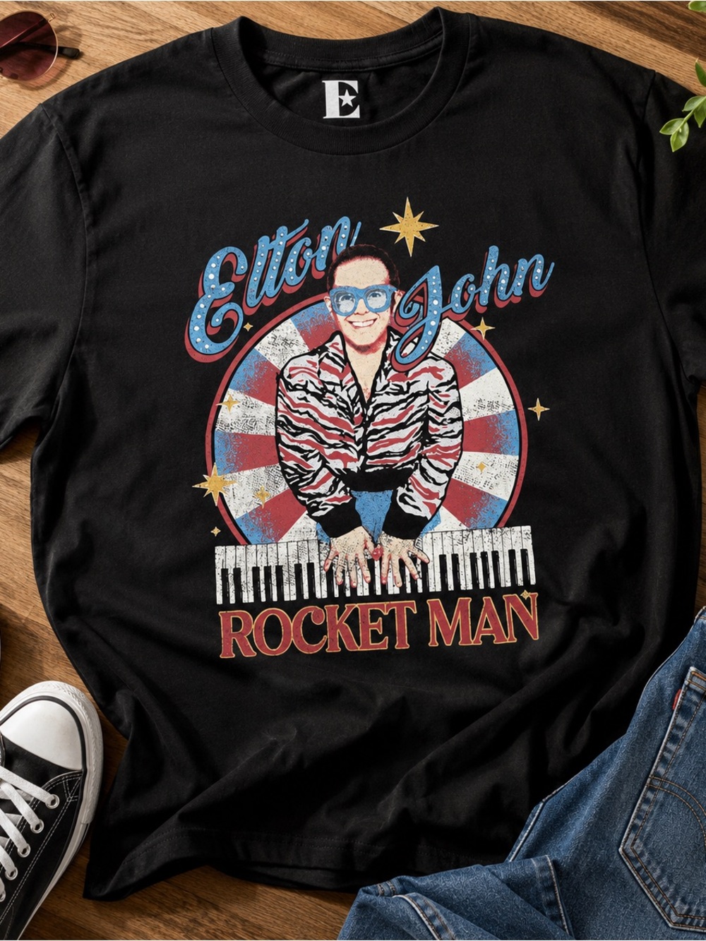 Elton John Rocket Man T Shirt XXL Retro Glam Graphic Band Tee